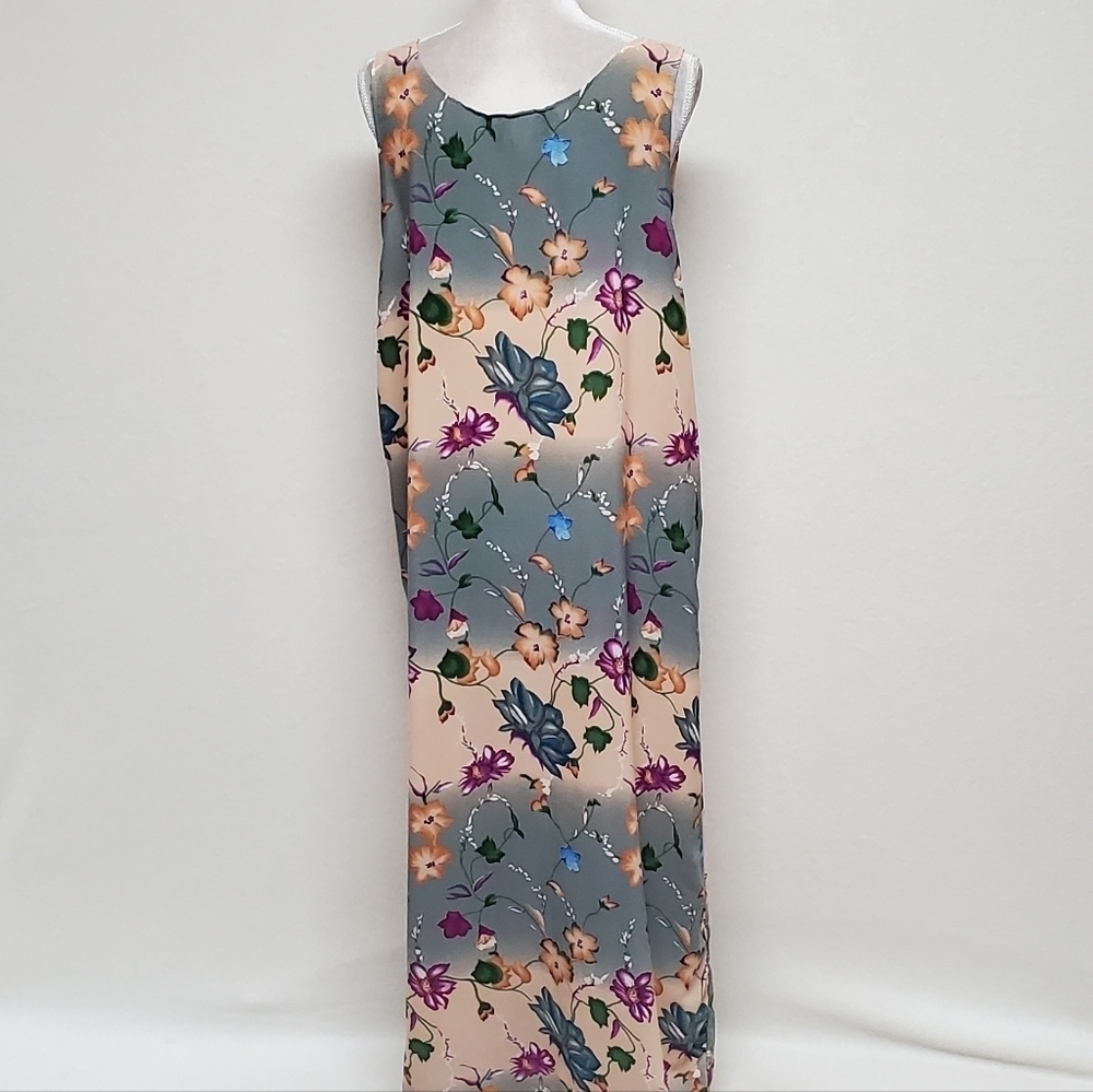 Vintage 80s Limited Apparel Blue Tropical Floral Sleeveless Maxi Shift Dress L - Picture 11 of 16